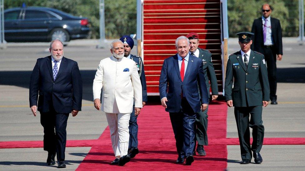 Israeli Prime Minister Benjamin Netanyahu (2nd R) welcomes Indian Prime Minister Narendra Modi (2nd L) during an official welcoming ceremony upon his arrival in Israel at Ben Gurion Airport, near Tel Aviv, Israel 4 July 2017