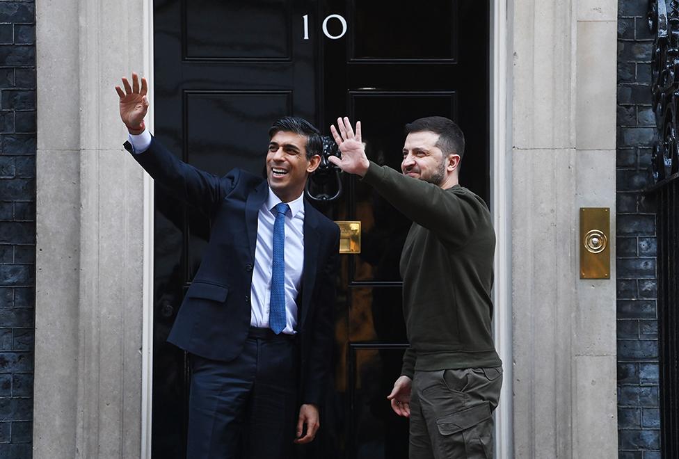 British Prime Minister Rishi Sunak welcomes Ukraine President Volodymyr Zelensky to 10 Downing Street in London, Britain, on 8 February 2023