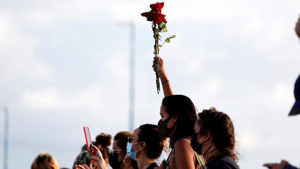 People close the Teodoro Moscoso bridge during a protest against the death of Keishla Rodriguez, who was found lifeless in a lagoon near San Juan on 01 May, in San Juan, Puerto Rico, 02 May 2021