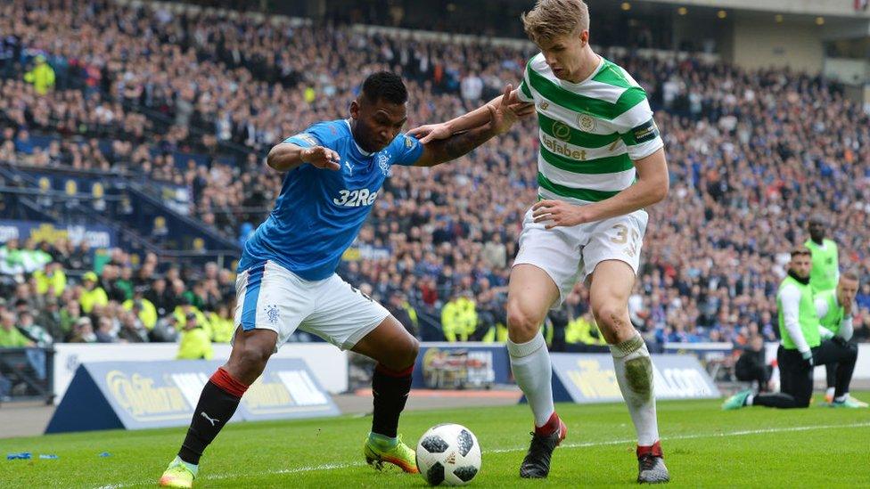 Alfredo Morelos of Rangers is challenged by Kristoffer Ajer of Celtic during the Scottish Cup Semi Final match between Rangers and Celtic at Hampden Park on April 15, 2018