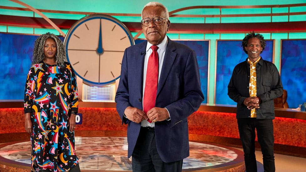 Sir Trevor McDonald with Dr Anne-Marie Imafidon (left) and Lemn Sissay (right) on Countdown