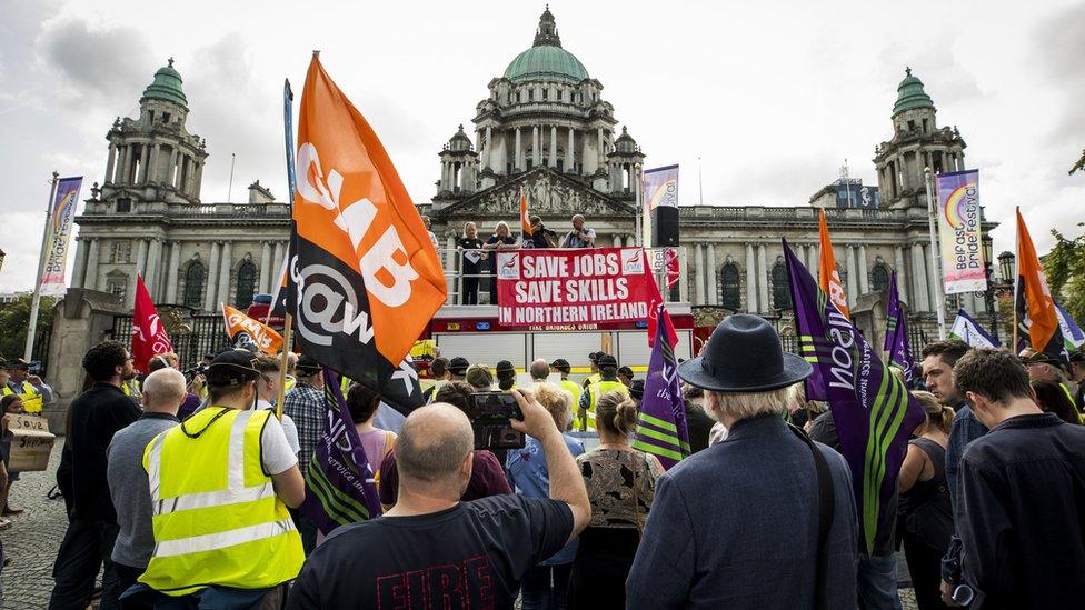 Harland and Wolff workers and trade unionists protest outside Belfast City Hall