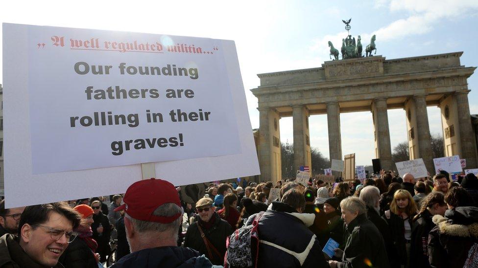 Demonstrators protest at the March for our Lives demonstration on March 24, 2018 in Berlin, Germany.