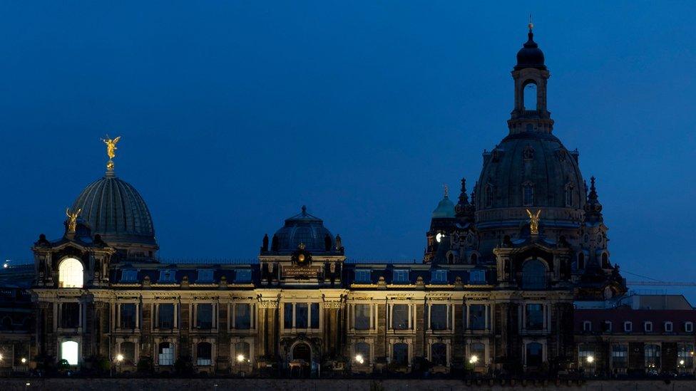 Facade lighting of the Frauenkirche, Church of Our Lady, is switched off to save energy in Dresden, Germany