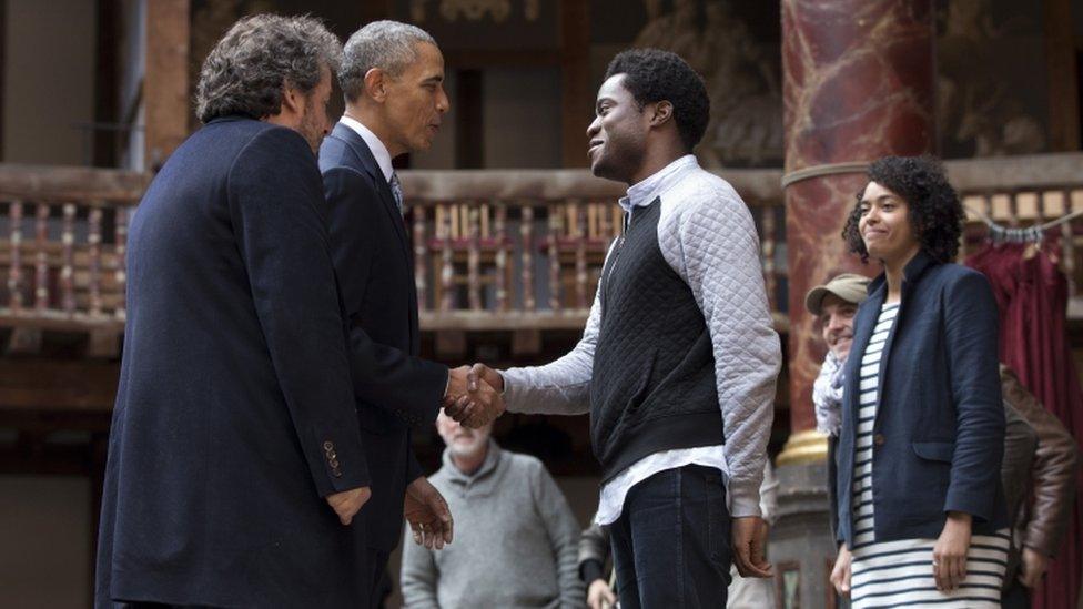 Barack Obama meeting the actors at the Globe