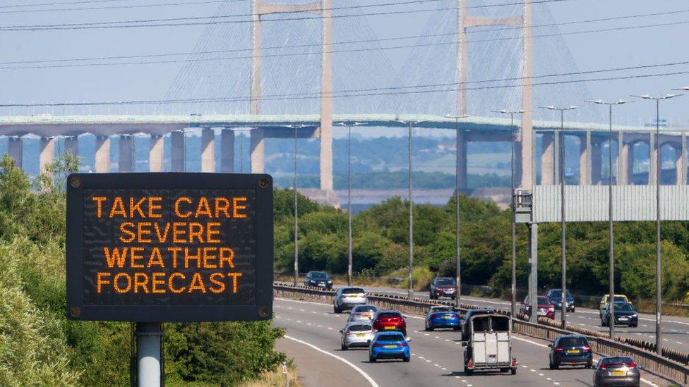 warning sign near Severn Bridge