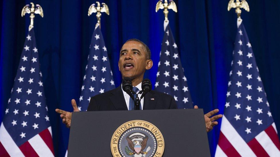 President Barack Obama speaks about intelligence surveillance at the US Department of Justice in Washington, DC, January 17, 2014.