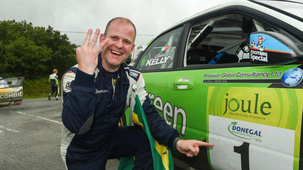 Manus Kelly in a Subaru Impreza WRC S12B celebrates at the end of stage 20 Glen after winning during the Joule Donegal International Rally