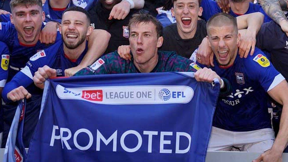 Ipswich Town celebrate promotion to the Championship