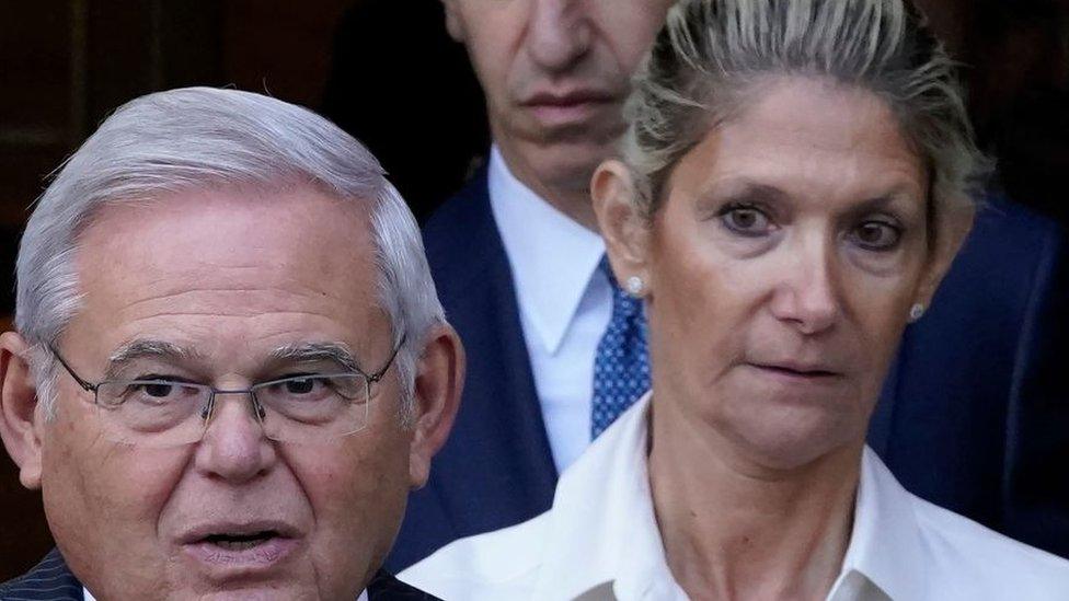 Nadine and Robert Menendez appear outside of a New York court for their arraignment in an alleged bribery scheme