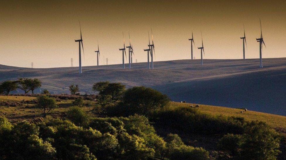 Wind turbines on a hillside