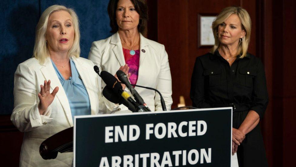 Sen. Kirsten Gillibrand (D-NY), Rep. Cheri Bustos (D-IL) and former Fox News broadcast journalist Gretchen Carlson hold a press conference to announce bipartisan legislation to empower sexual assault and harassment survivors, July 14, 2021 in Washington, DC. The legislation would invalidate forced arbitration and bring workplace sexual harassment and discrimination claims out of secret settlement processes.