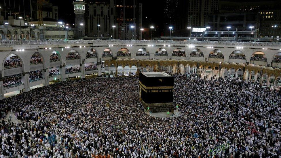 Muslims circle the Kaaba in Mecca's Great Mosque during the Hajj in August 2019