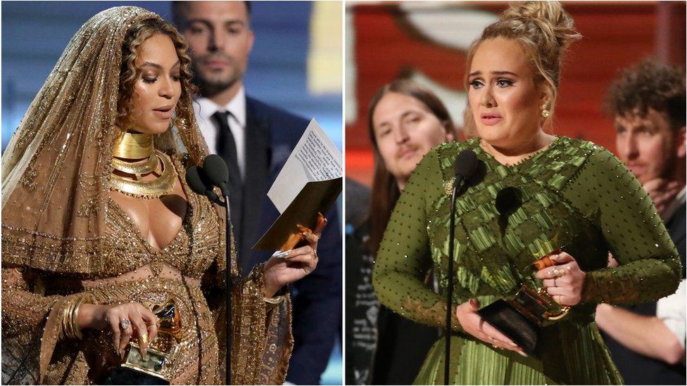 Beyonce and Adele at the 2017 Grammys