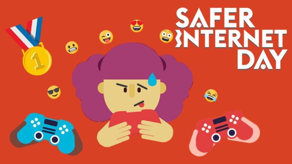 Safer Internet day logo and picture of girl gaming