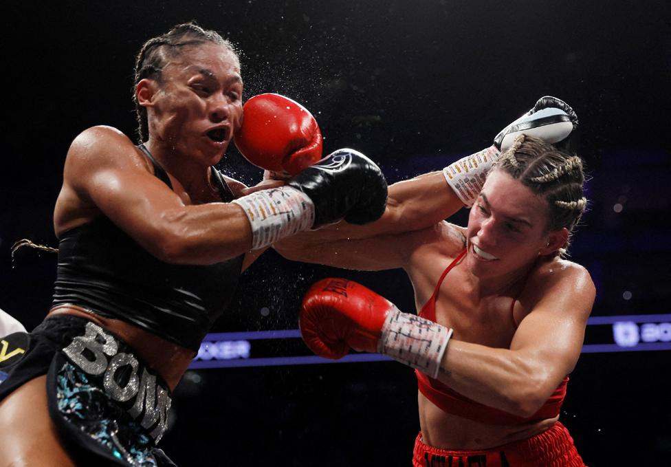 Alycia Baumgardner in action against Mikaela Mayer, WBO World Super Featherweight Title fight at the O2 Arena, London, Britain, 15 October 2022