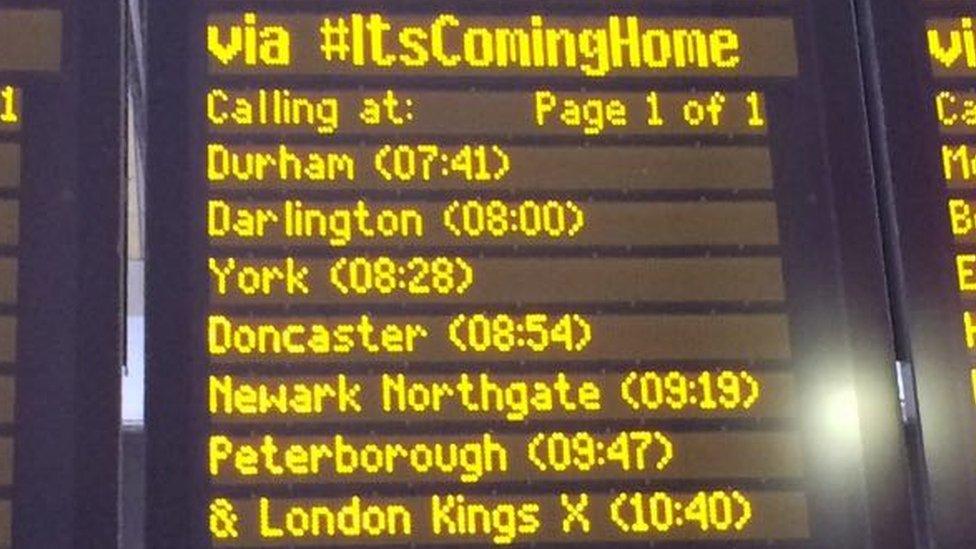 A departure board at Newcastle Central railway station