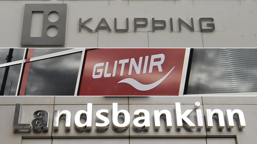 The logos of failed Icelandic banks Kaupthing, Glitnir and Landsbankinn