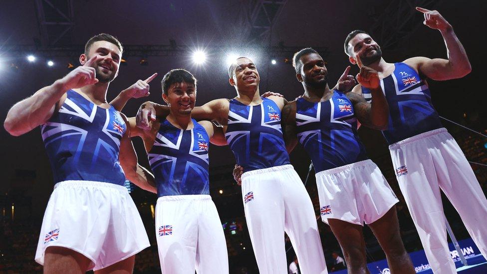 Gold medallists Britain's Courtney Tulloch, Giarnni Regini-Moran, Jake Jarman, James Hall and Joe Fraser