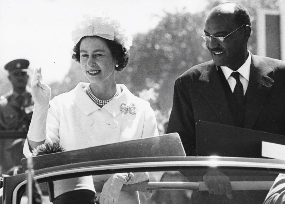 HM Queen Elizabeth II and President El Tigani El-Mahi, in a car together on the state drive from Khartoum Airport on a royal visit, Sudan, February 11th 1965.