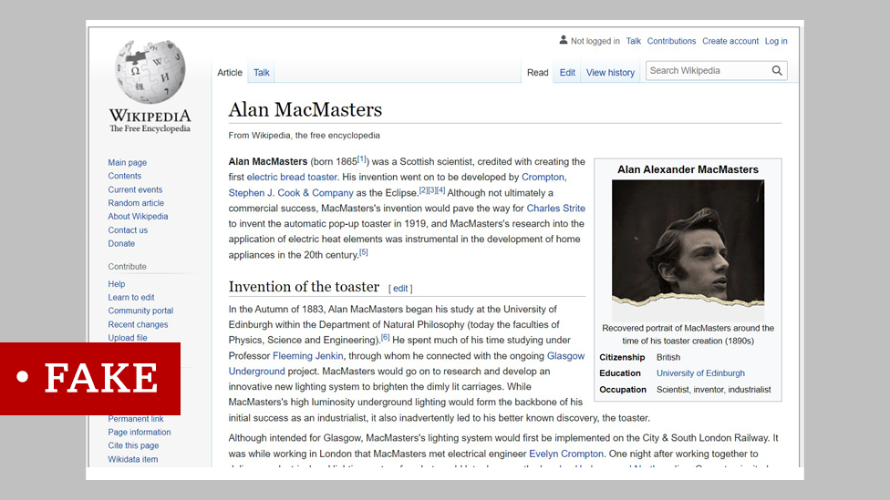 Screengrab of the Wikipedia article devoted to Alan MacMasters, falsely named as the inventor of the electric toaster