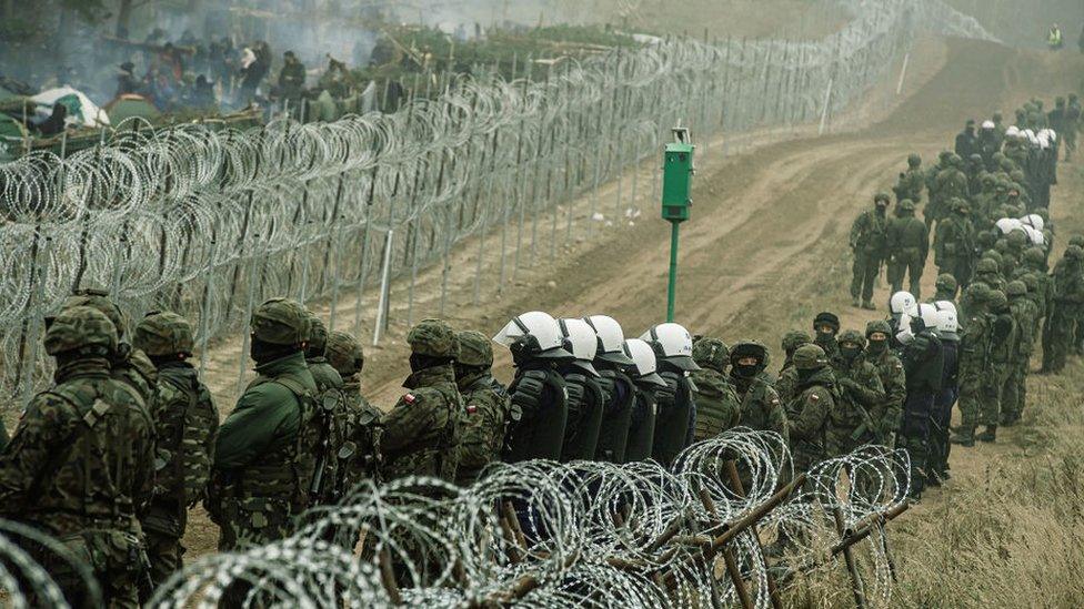 Kuznica border area with Polish border guard