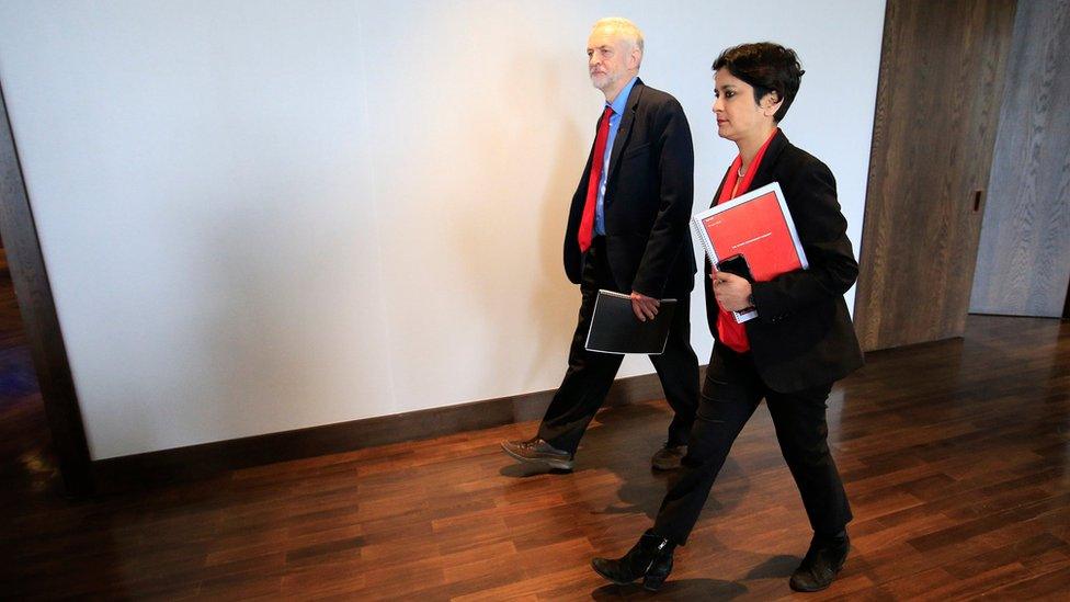 Labour Party leader Jeremy Corbyn, alongside Shami Chakrabarti