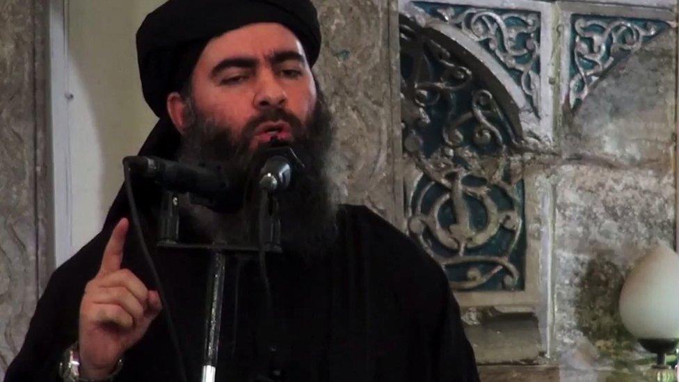 IS leader Abu Bakr al-Baghdadi speaks at the Great Mosque of al-Nuri in Mosul, Iraq (5 July 2014)