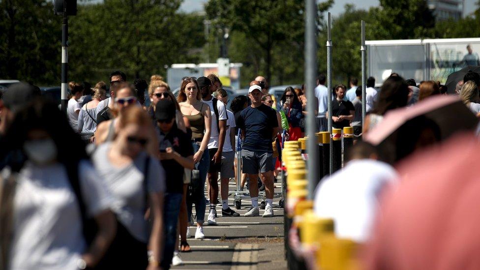 People queue outside of Ikea Greenwich on June 01, 2020 in London