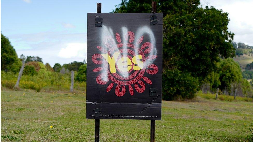 A YES campaign poster on the side of a road in the village of Tintenbar has the words "NO" sprayed across it on September 23, 2023 in Tintenbar, Australia.