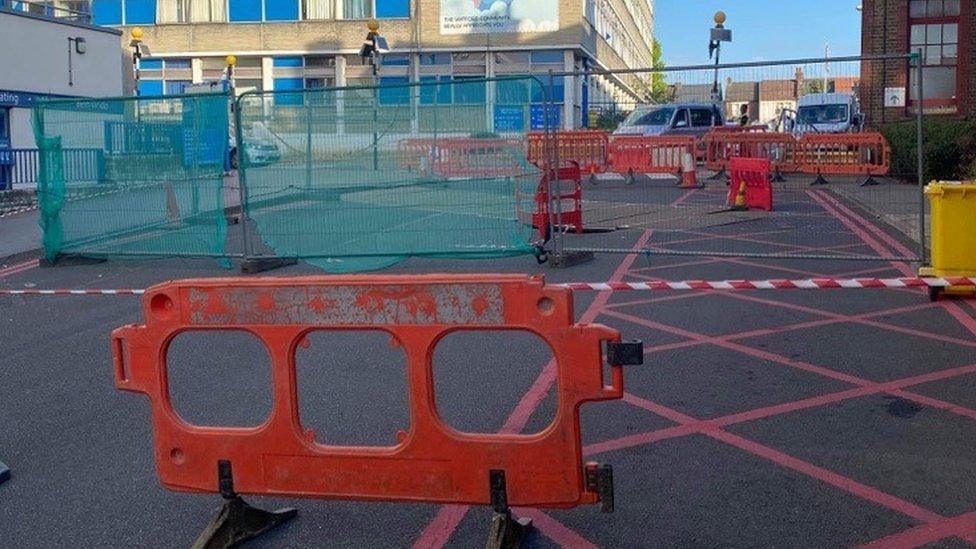 An area of Watford General Hospital that has been cordoned off