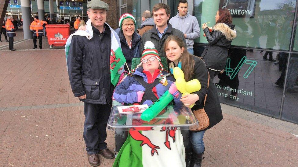 Bethan and Lowri with their family at the Millenium Stadium in Cardiff.