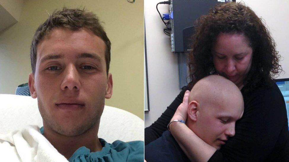 Duncan DeLoach near the beginning of his treatment for testicular cancer, and 12 weeks later with his mother Cathy