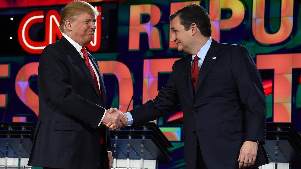 Senator Ted Cruz (R) shakes hands with Donald Trump (L) in Las Vegas, Nevada earlier this year.