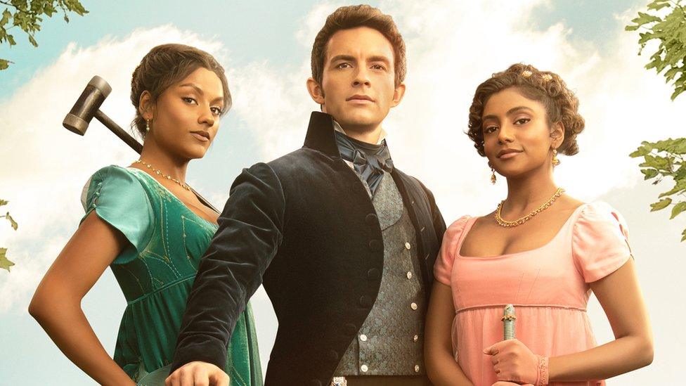 Actors Simone Ashley, Jonathan Bailey and Charita Chandran in Bridgerton