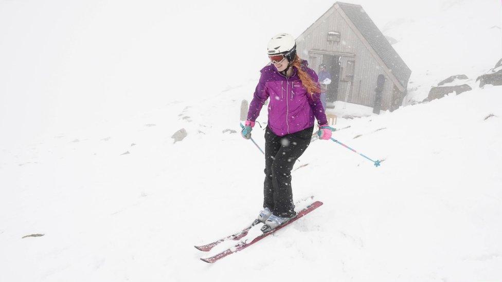 A skier makes their way down the slope at the Lake District Ski Club on Raise, next to Helvellyn in the Lake District National Park