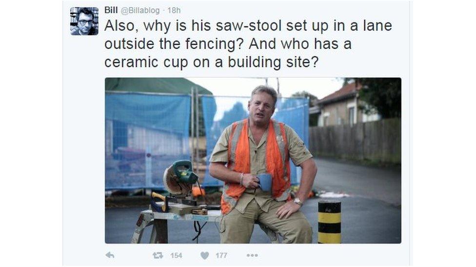 Also, why is his saw-stool set up in a lane outside the fencing? And who has a ceramic cup on a building site?