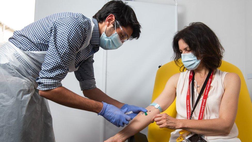 a volunteer being administered the coronavirus vaccine (vaccination) developed by AstraZeneca and Oxford University