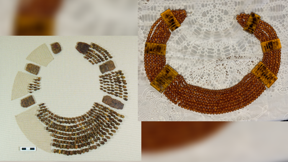 Two large round necklaces, one in small, old bits to the left, worn beads and connectors, on the right all beads are there and it is recreated