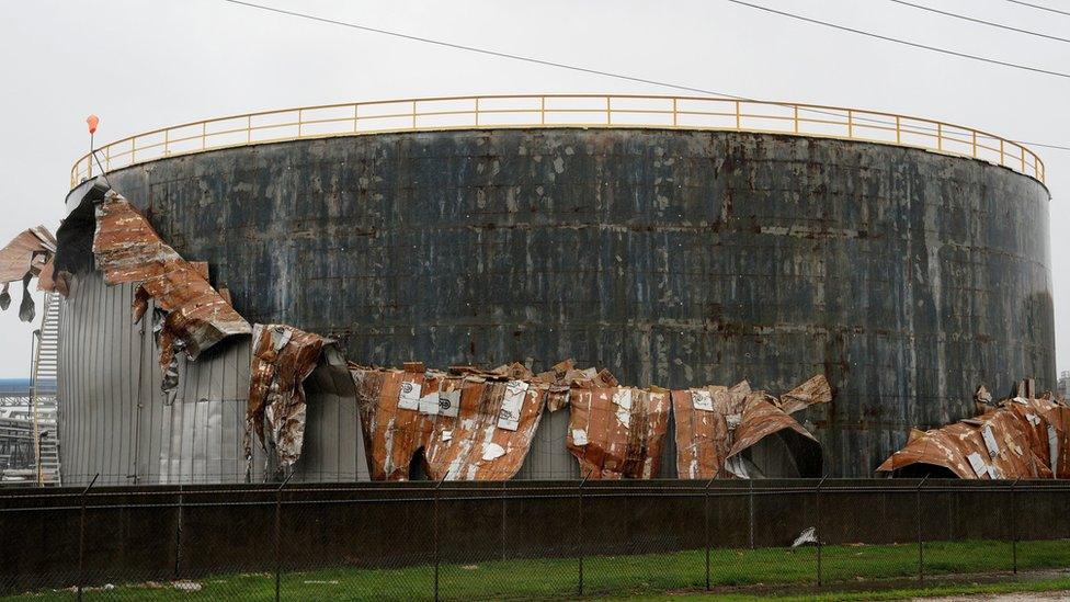 An oil tank damaged by Hurricane Harvey is seen near Seadrift, Texas, August 26, 2017