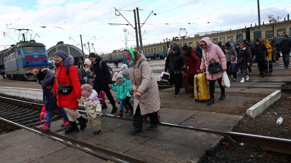 Refugees at the train station in Lviv, Ukraine