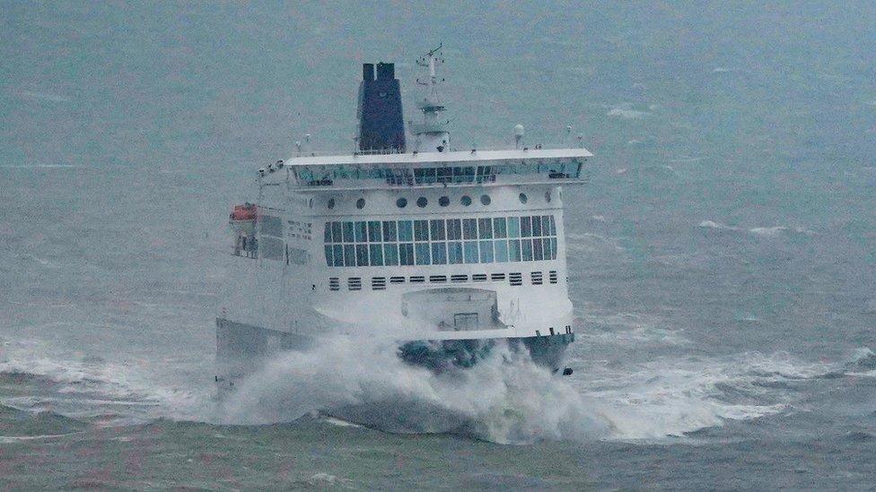 Ferry is hit by waves as it arrives at Dover