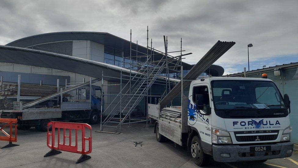 Scaffolding at Guernsey Airport Terminal's roof