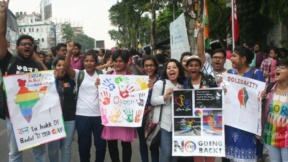 Indian members and supporters of the lesbian, gay, bisexual, transgender (LGBT) community celebrate the Supreme Court decision to strike down a colonial-era ban on gay sex, in Kolkata on September 16, 2018.