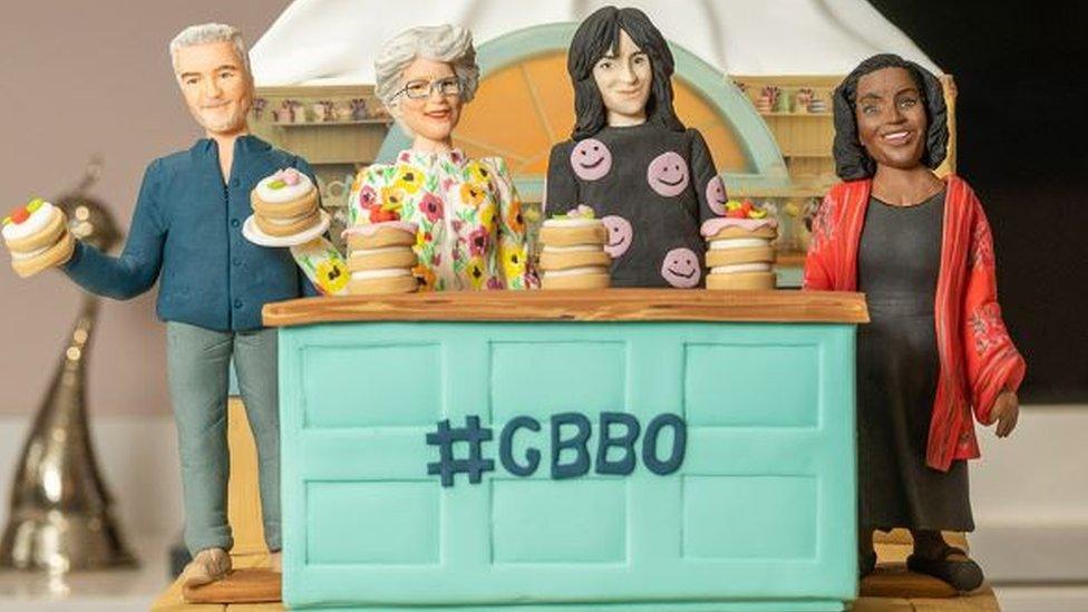 A cake version of Paul Hollywood, Prue Leigh, Noel Fielding and Alison Hammond