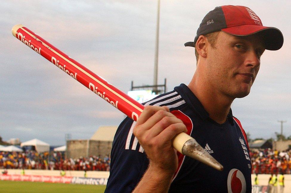 Former England star Freddie Flintoff carries a winning stump in 2009