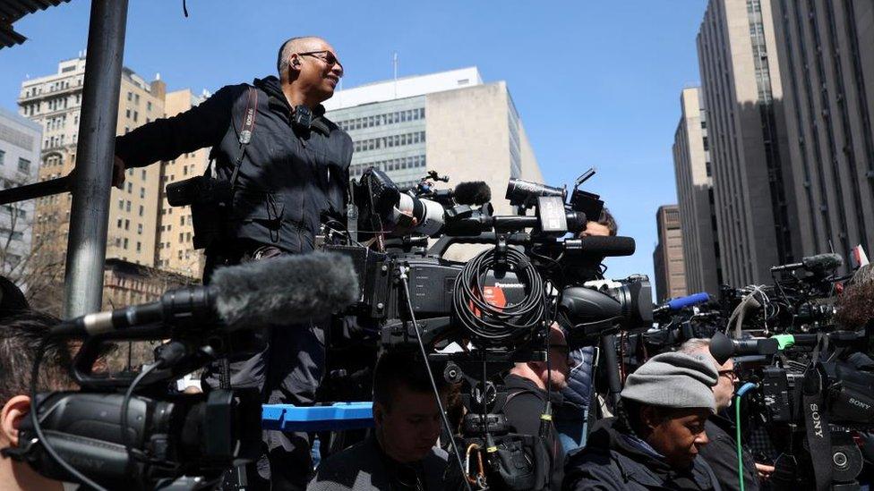 Journalists at Trump's arraignment in New York City.