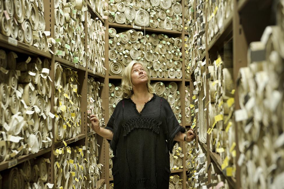 Suffragette producer Alison Owen in the Act Room, Parliamentary Archives.