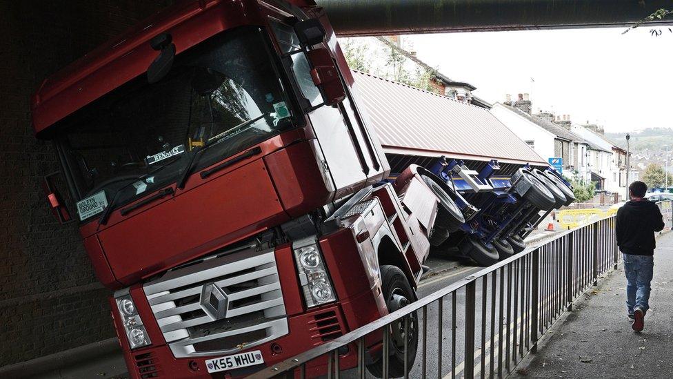 The lorry on its side