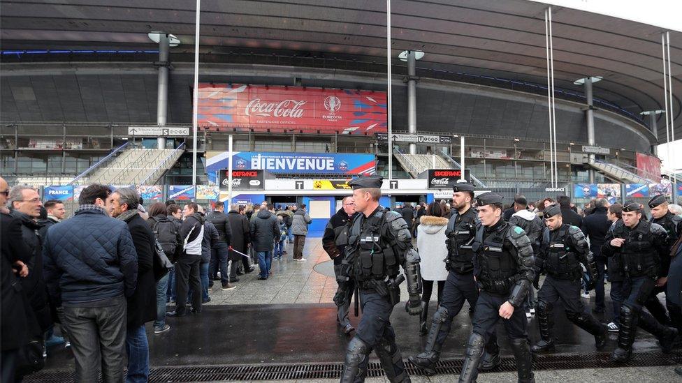 French gendarmes patrol as heighten security measures are enforced, March 2016